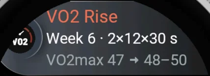 Glance: VO2 Rise, week 6, 2×12×30 s, VO2max 47 to 48-50