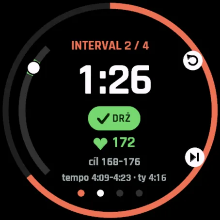 Obrazovka intervalu ve VO2 Rise: interval 2 ze 4, zbývá 1:26, DRŽ, tep 172 v pásmu 168–176, tempo 4:09–4:23