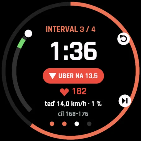 Interval na pásu: nastav 13,5, tep 182, teď 14,0 km/h při sklonu 1 %