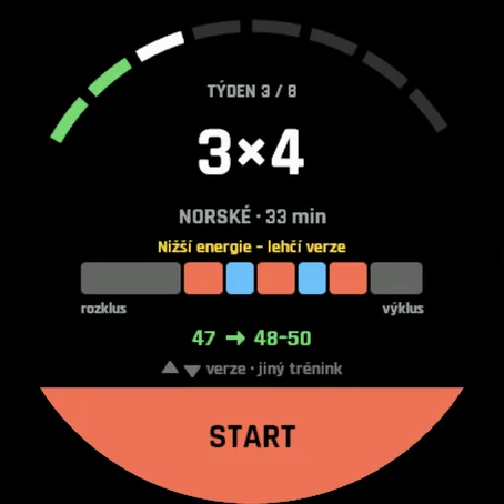 Úvodní obrazovka, nižší energie: lehčí verze, norské 3×4, 33 min
