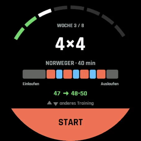 Startbildschirm: Woche 3 von 8, Norweger 4×4, 40 min, VO2max 47 auf 48–50, START