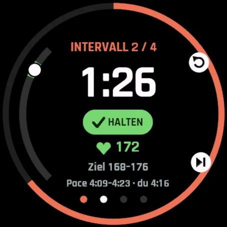 Intervallanzeige von VO2 Rise: Intervall 2 von 4, noch 1:26, HALTEN, Herzfrequenz 172 im Bereich 168–176, Pace 4:09–4:23