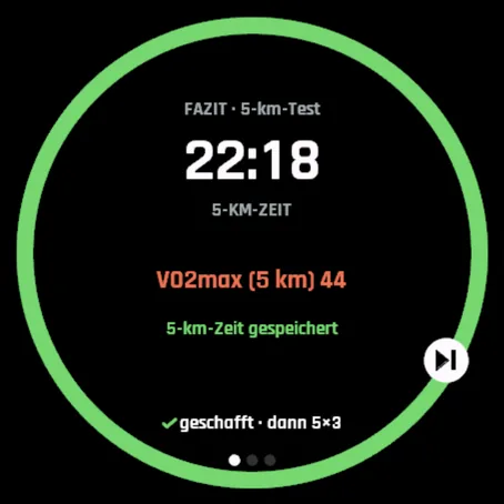 Kontrolltest-Zusammenfassung: 5 km in 22:18, VO2max 44, neue 5-km-Zeit gespeichert