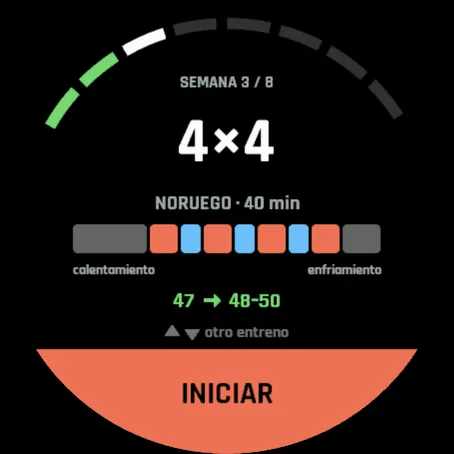 Pantalla de inicio: semana 3 de 8, Noruego 4×4, 40 min, VO2max de 47 a 48-50, INICIAR