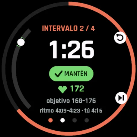 Pantalla de intervalo de VO2 Rise: intervalo 2 de 4, quedan 1:26, MANTÉN, pulso 172 en la franja 168-176, ritmo 4:09-4:23