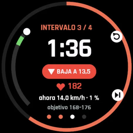 Intervalo en cinta: BAJA A 13,5, pulso 182, ahora 14,0 km/h con un 1 % de inclinación