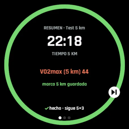 Resumen del test de control: 5 km en 22:18, VO2max 44, nuevo tiempo en 5 km guardado