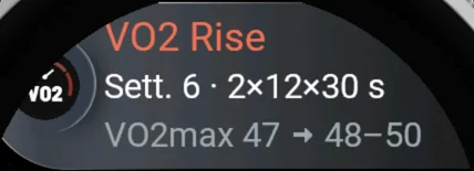 Glance: VO2 Rise, settimana 6, 2×12×30 s, VO2max da 47 a 48-50