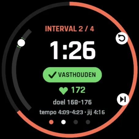 Intervalscherm van VO2 Rise: interval 2 van 4, nog 1:26, VASTHOUDEN, hartslag 172 in de zone 168-176, tempo 4:09-4:23