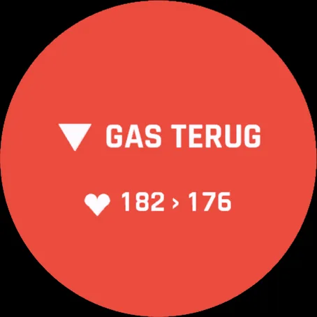 Rode waarschuwing: GAS TERUG, hartslag 182 boven het doel 176