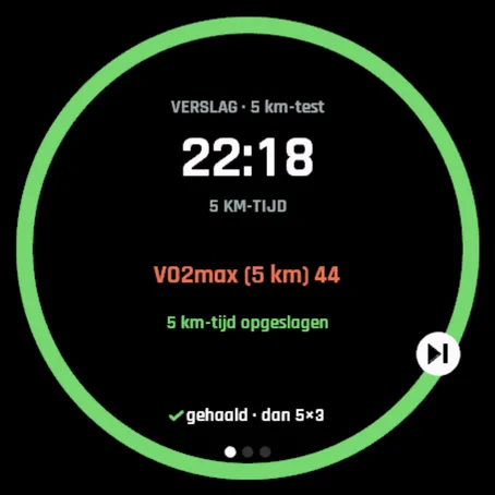 Samenvatting controletest: 5 km in 22:18, VO2max 44, nieuwe 5 km-tijd opgeslagen