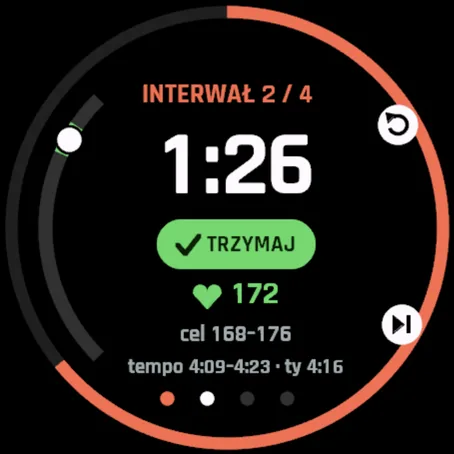 Ekran interwału VO2 Rise: interwał 2 z 4, zostało 1:26, TRZYMAJ, tętno 172 w zakresie 168–176, tempo 4:09–4:23