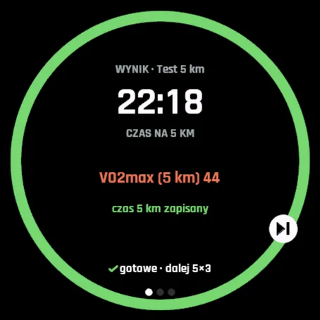 Podsumowanie testu: 5 km w 22:18, VO2max 44, zapisano nowy czas na 5 km